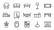 © Sophia - Interior design icons. Furniture line vector set. Home decor symbols. Minimalist outline. Living room items. Sofa bed chair table lamp desk. Modern house furnishing. Thin stroke.