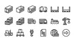 © Sophia - Shipping container and cargo line icons. Logistics transport freight delivery. Distribution warehouse industrial vector symbols. Commerce trade truck ship crane. Import export business.