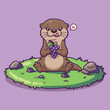 © Bara Shofiyan  - Cute Cartoon Otter Sitting on Grass Holding Purple Grapes with Heart Symbol Vector Illustration