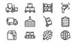 © Jenny - Warehouse inventory management icons. Logistics shipping delivery supply chain. Forklift pallet truck scanner. Cargo freight. Commerce symbols. Storage stock. Linear vector. Trade