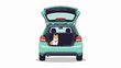 © nopen - Adorable corgi dog sits happily in the open trunk of a mint green car