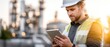 © pvl0707 - Man in safety vest and hard hat uses ipad at sunset near industrial buildings with gas towers in the background for oilfield service company