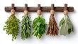 © Nataliia_Trushchenko - A wooden rack with five different herbs hanging from it. The herbs are basil, parsley, rosemary, thyme, and sage