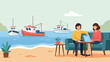 © jprime - Couple on couch by beach with boats, plants, and coffee