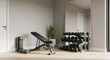 © twilight mist - Home fitness area equipped with weight training apparatus and exercise mat against a neutral wall