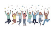 © Haris Lost - flat vector illustration of happy people celebrating together, jumping with raised arms. Playful poses, simple design, soft colors, and a white background