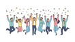 © Haris Lost - Flat vector illustration of joyful people celebrating together, jumping with excitement and raised arms