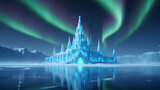 Magical Arctic ice palace reflecting on a frozen lake under dancing Aurora Borealis. Ideal for winter holiday marketing, fantasy book covers, animated film promotions, or enchanting seasonal design.