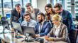 © sameer - A group of business professionals gathered around a computer in a modern office setting