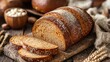© Cambo27 - A loaf of sliced bread with a grainy crust on a rustic wooden table with a rustic wooden background.