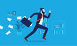 © Premium art - Man running in office - Modern businessman rushing out of office with papers flying from briefcase. Missing deadline, work related stress, late for meeting or work concept. Vector illustration