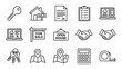 © Lina - Real estate agent tools line icons set. Minimalistic property sale vector design with house sold sign, keys, handshake, contract, laptop, calculator, map, tape measure icons on white background.