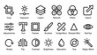 © Omar - Vector line icon set of 20 photo editing tools for interface and app design, including crop, exposure, layers, retouch, filters, export, adjustments, brushes, frames, text, and color correction