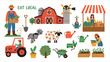 © Uttpol Saha - Local Organic Farming Vector Set – Farmers Planting, Harvesting, Selling Crops, Farm Animals and Farmhouse Illustration