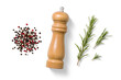 © PrimeMockup - Top view of wooden pepper grinder with mixed black, red and white peppercorns and fresh rosemary sprigs, isolated on a transparent background. Ideal for food design, packaging, and culinary use.