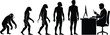 © Rayhan - Human evolution silhouette illustration showing primate to modern man progression ending with office worker technology concept vector design business society