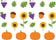 © Sumon Creative - Autumn harvest elements set with pumpkins grapes sunflowers acorns and leaves, cute flat fall season illustration