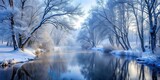 Snowy forest with frozen river