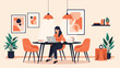 © Hexa Muses - Woman working remotely on her laptop at a dining table in a bright, modern living room with stylish home office decor.