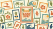 © SAI CREATIVE - Vintage tropical postcard collage featuring palm trees, hibiscus, seashells, sun, sand and surf for retro travel decor and vacation vibes