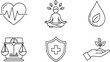 © Yeasin - Health and Wellness Icons: Heartbeat, Meditation, Water Drop, Scales, Shield, Plant Growth Isolated on white background