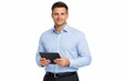 © diproduction - Confident businessman holding tablet device in smart blue shirt. Ai generative