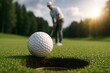 © diproduction - Close-up of golf ball near hole with golfer ready to putt in background on sunny course, symbolizing focus and precision in sports concept. Ai generative