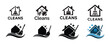 © MDABDUR - Set of house cleaning logos with stylized home icons cleaning tools and decorative waves illustration
