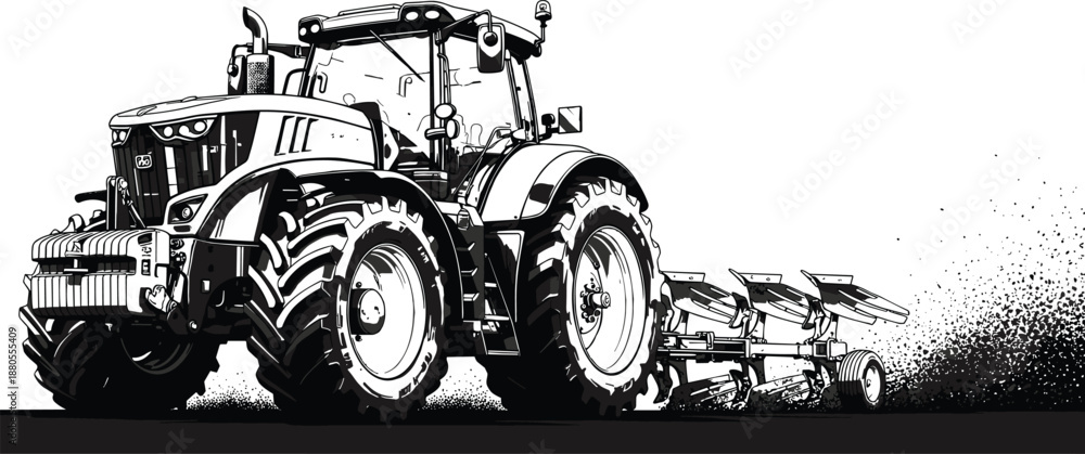 Black and white vector illustration of a modern farm tractor plowing ...