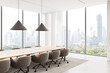 © ImageFlow - Modern conference room interior with panoramic city skyline view, featuring minimalist furniture and neutral tones in a high-rise office space. 3D Rendering