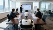 © FreemiumStock - Humanoid robot attending business meeting in modern conference room with professionals watching presentation on digital screen