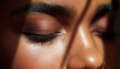 © Denis - Perfect attractive Black female model woman closed eye showcasing eyebrows and eyelashes, elegant make-up cosmetic background.