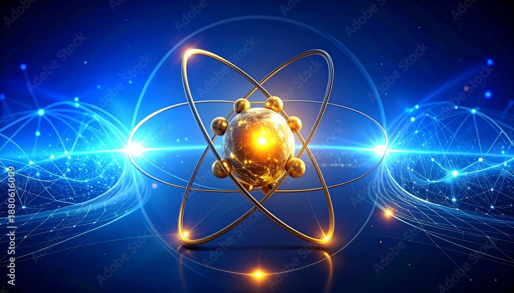 Stylized atomic structure with glowing golden nucleus and orbiting ...