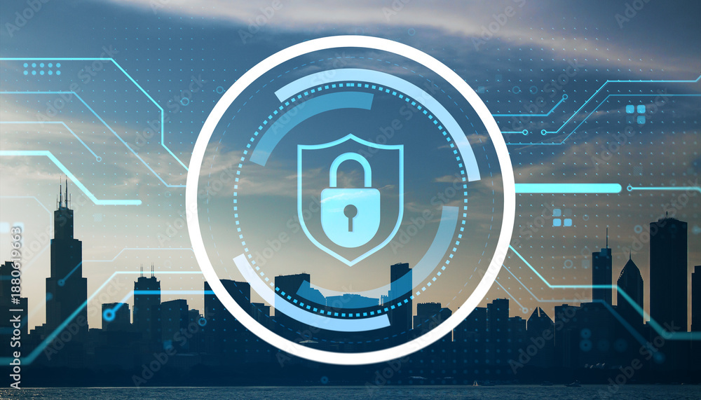 Cybersecurity lock symbol over digital interface and modern city skyline at dusk, representing urban data protection and digital safety concepts.