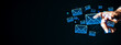 © Who is Danny - Hand interacting with glowing email icons in digital network communication concept on dark background with futuristic interface elements.