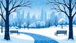 © PDWN Creative - Winter park cityscape vector illustration with snow falling and bare trees, benches along a path in a city park