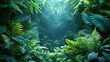 © bl8 - Dark abstract background of green tropical leaves and ferns, nature-inspired flat lay for web, print and design projects