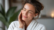 © Denis Yevtekhov - Faceless minimal portrait of woman enjoying skincare routine at home and doing manicure, beauty self-care, personal grooming, cosmetic wellness, defocused person, with copy