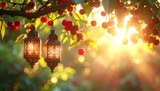 hanging arabic lanterns glow softly among vibrant red cherries on a tree branch during golden hour perfect for cultural celebrations and festive backgrounds