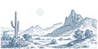 © RetroVector - Vintage desert landscape with saguaro cactus and mountains under a dotted sun.