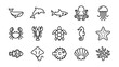 © Brianna - Marine life line icons set. Ocean animals vector. Stingray, lobster. Whale, dolphin, shark, octopus, jellyfish, crab, turtle, seahorse, starfish, shell. Simple underwater symbols.