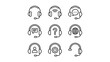 © Brianna - Customer support headset line icons set. Call center symbols. Help desk operator, technical service, online consultant, telemarketing. Contact us, hotline, communication equipment.