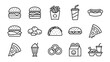 © Brianna - Fast food line icons vector set. Minimalist burger pizza hot dog fries taco drink nuggets milkshake onion rings. Junk food collection. Takeaway restaurant menu symbols. American meal snack.