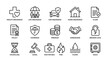 © Chog - Insurance line icons set. Protection symbols health, life, car, home. Financial safety, risk, policy claim, coverage, premium, property, accident. Legal agreement business vector