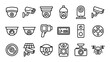 © Chog - Security camera line icons set. Surveillance system technology symbols. CCTV video monitoring equipment. Home safety protection. Digital guard. Minimalist vector interface pack symbols.