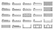 © Kenjie - Freight ship and cargo container line icons set. Maritime transport logistics. Shipping industry vessels. Export import trade symbols. Commercial distribution. Minimalist outline.