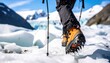 © AgungRikhi - Close up of hiker boots walking on an icy glacier with trekking poles and snow capped mountains in the background under a bright blue sky