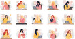 © Boony - women studying and working illustrations, female home office lifestyle set, reading and laptop activities, online learning characters, productivity workspace scenes, modern pastel design