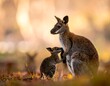 © absyt - A parent marsupial and its young offspring stand side-by-side in a golden-hued, naturally blurred, outdoor environment. Focus on the animals