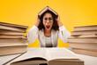 © Prostock-studio - A student is sitting at a table surrounded by stacks of books. She holds a book over her head and looks stressed. The background is bright yellow, indicating a study environment.